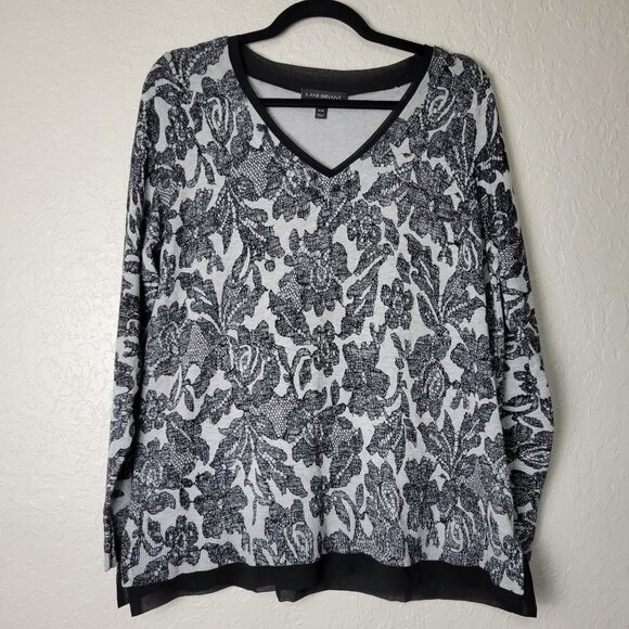 Lane Bryant  Black White Floral Lace Overlay Long Sleeve V Neck Light Sweater - Picture 1 of 10